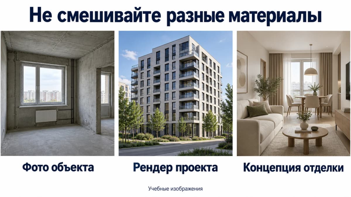 Три типа материалов: фото существующего объекта, рендер проекта и концепция отделки