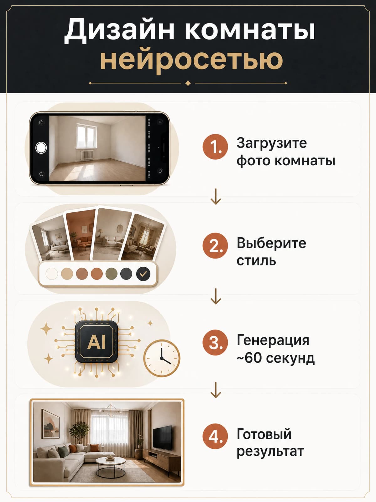 Инфографика: 4 шага генерации дизайна комнаты нейросетью, от загрузки фото до готового результата