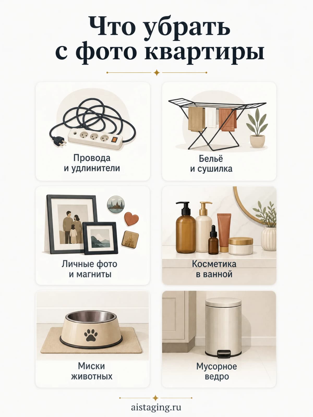 Инфографика: 6 типов лишних предметов, которые нужно убрать с фото квартиры перед публикацией объявления