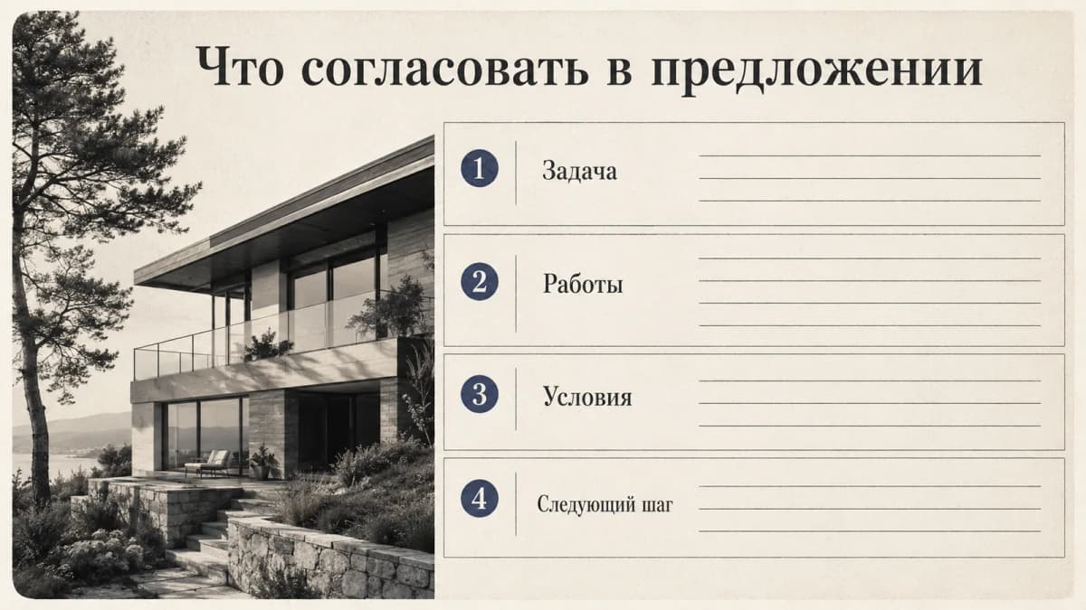 Четыре смысловых поля предложения: задача, состав работ, условия и следующий шаг