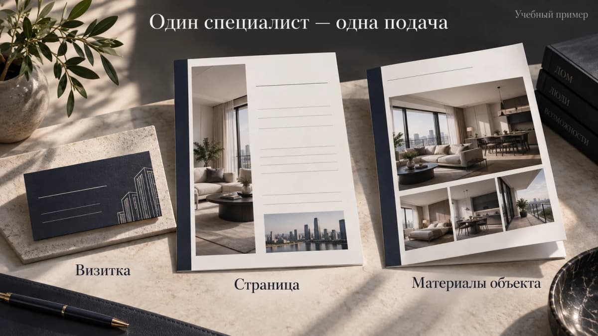 Учебный пример согласованной подачи риелтора на визитке, странице и в материалах объекта
