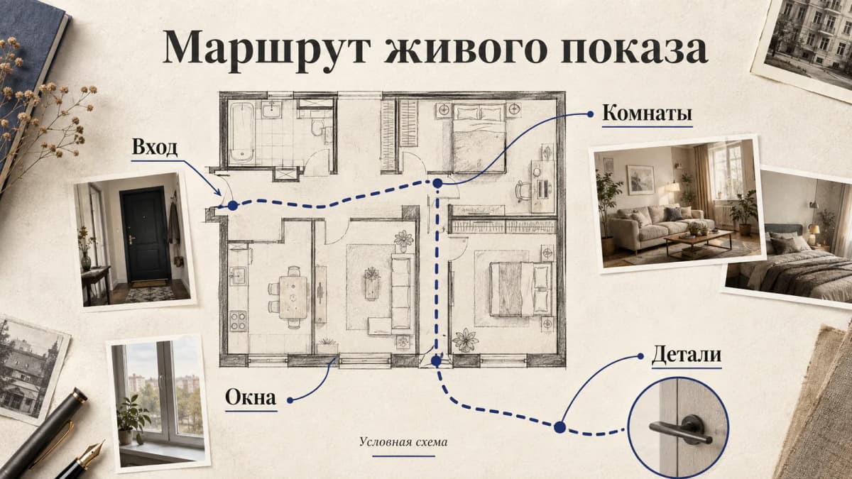 Условный маршрут онлайн-показа: вход, комнаты, окна и детали
