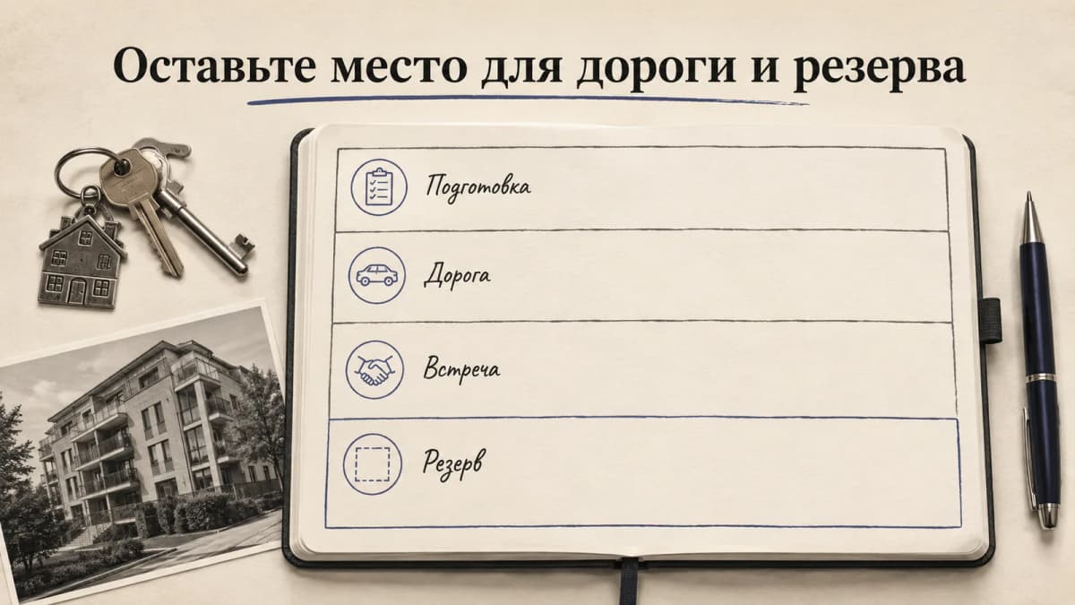 Учебная схема дня риелтора: между выездными задачами предусмотрены дорога, подготовка и резерв