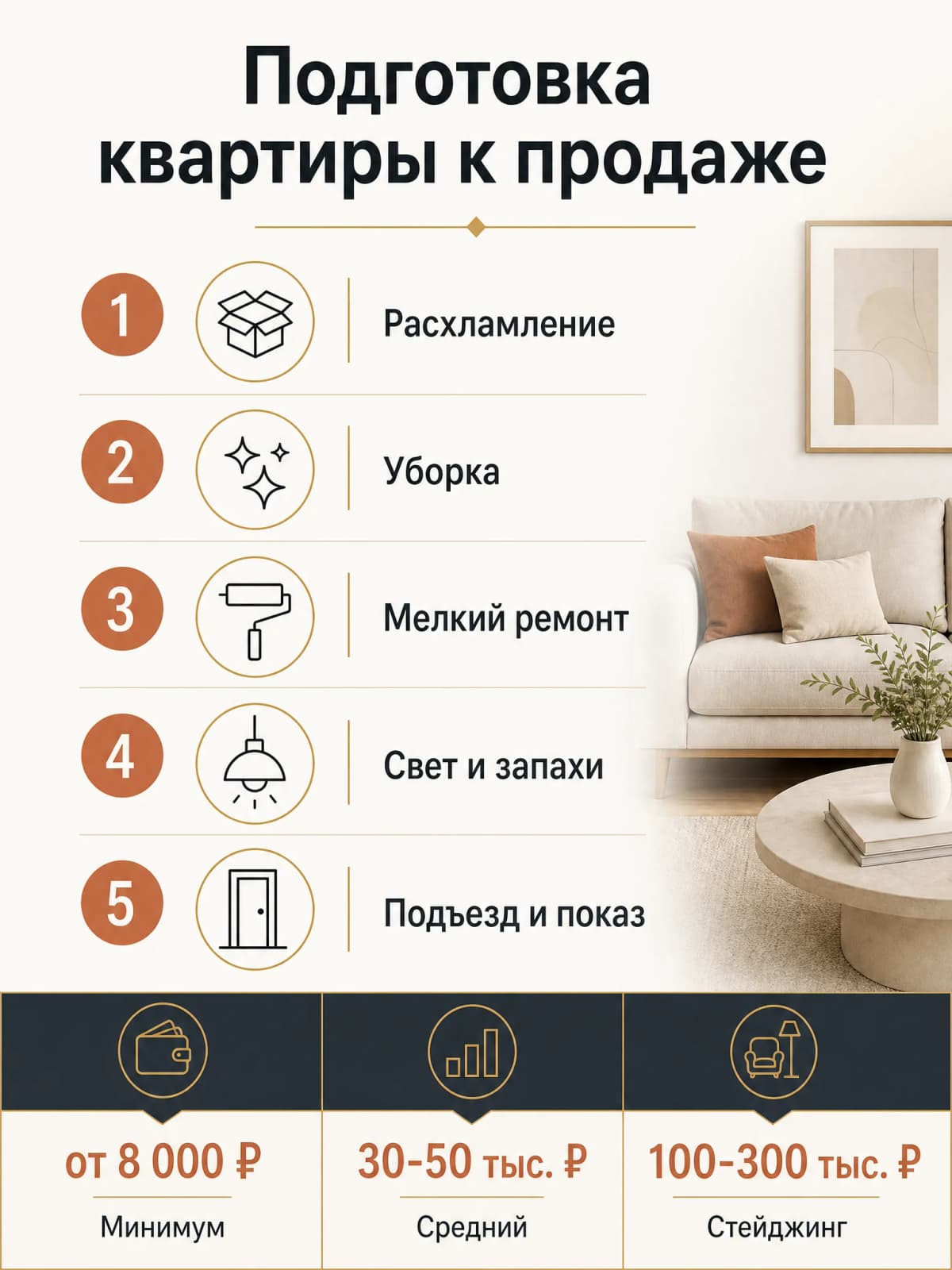 Инфографика: пять этапов и три бюджета подготовки квартиры к продаже