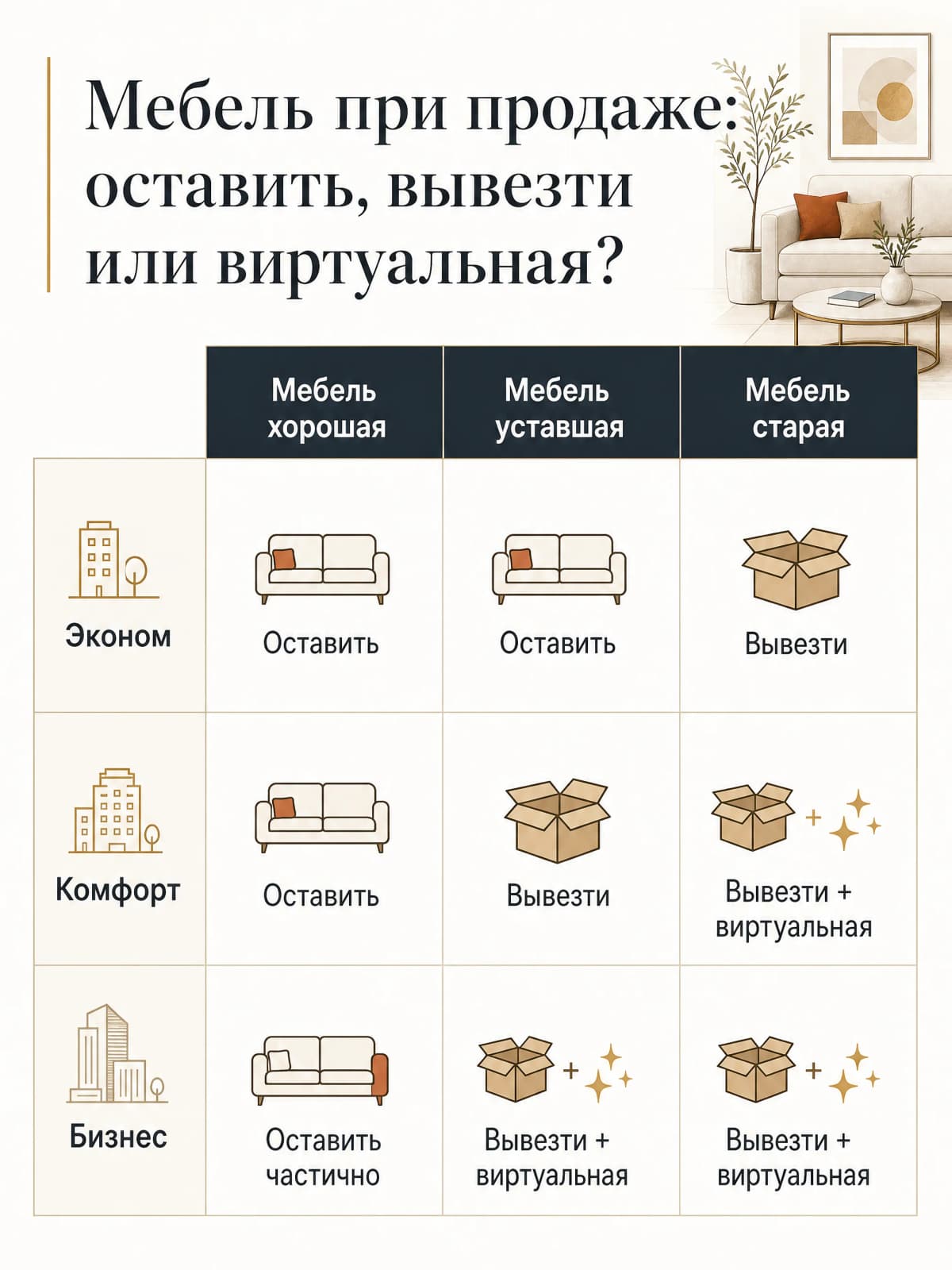 Матрица решений: оставить мебель, вывезти или показать виртуальную, по сегментам жилья и состоянию обстановки