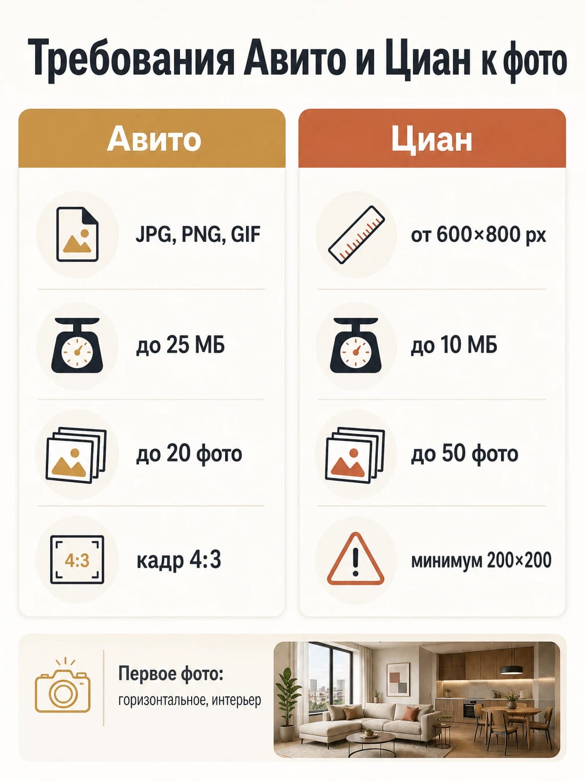 Инфографика: требования Авито и Циан к фото объявления, размеры, форматы и лимиты