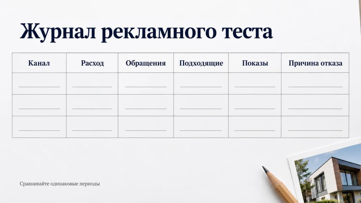 Пустой журнал теста рекламы: канал, расход, обращения, подходящие обращения и показы