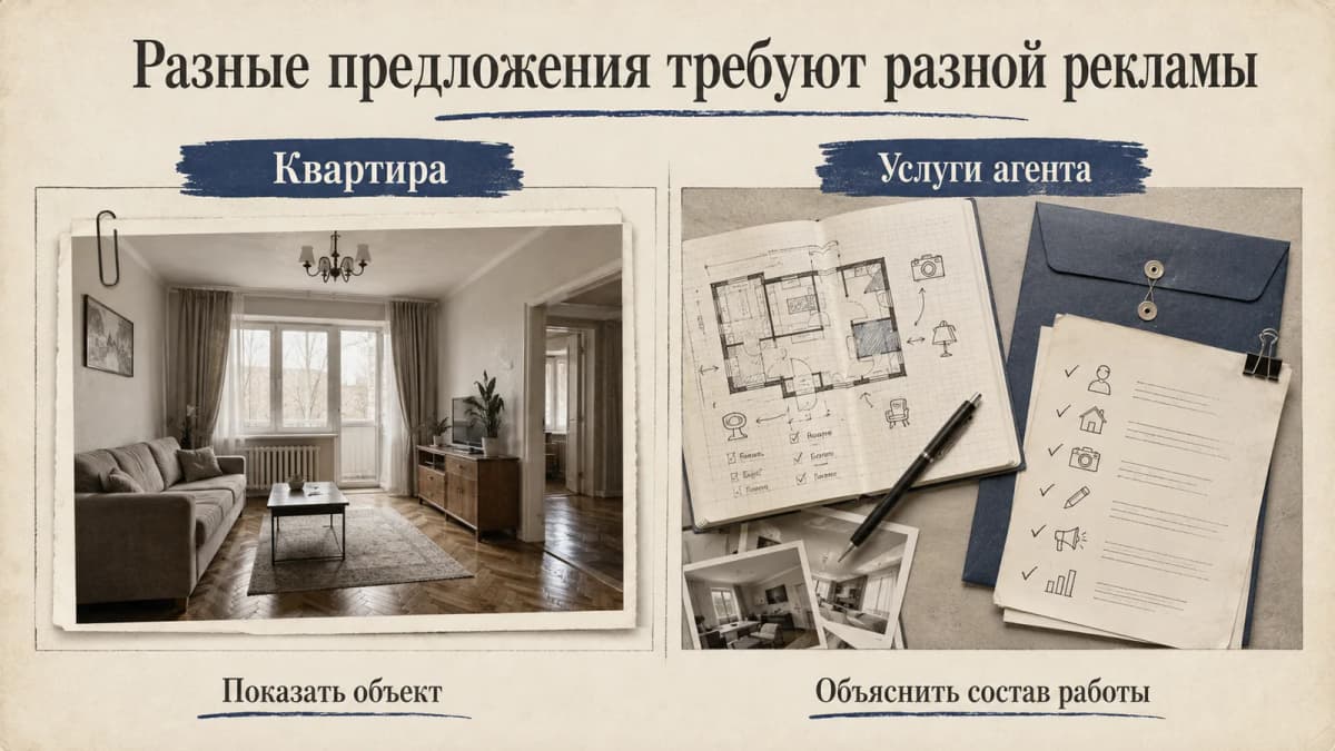 Два учебных рекламных направления: конкретный объект и услуги агента требуют разных изображений и переходов