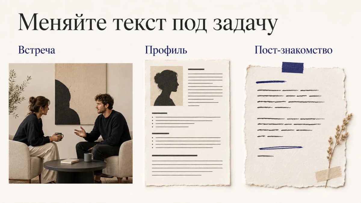 Самопрезентация меняется под формат: разговор на встрече, самостоятельный профиль и пост-знакомство
