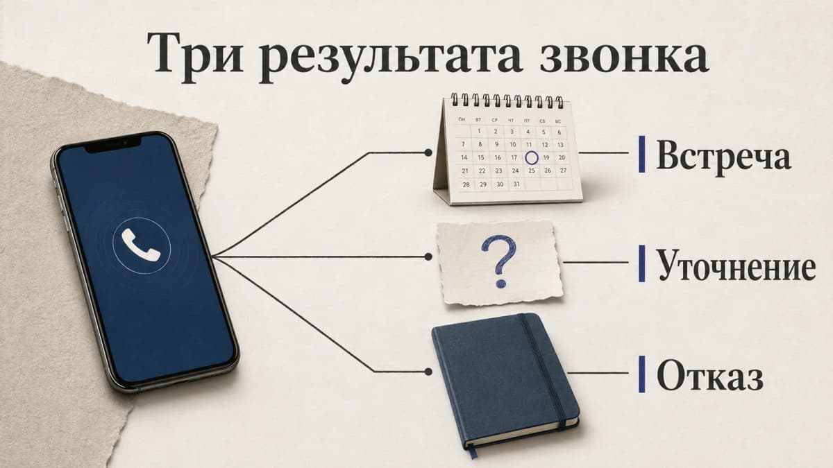 Три допустимых результата звонка: договориться о встрече, уточнить вопрос или завершить общение