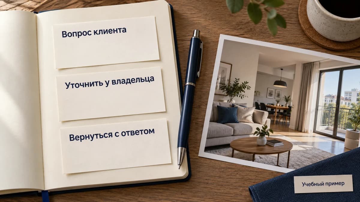Учебная карточка уточнения после звонка: вопрос покупателя, ответственный и срок следующего сообщения
