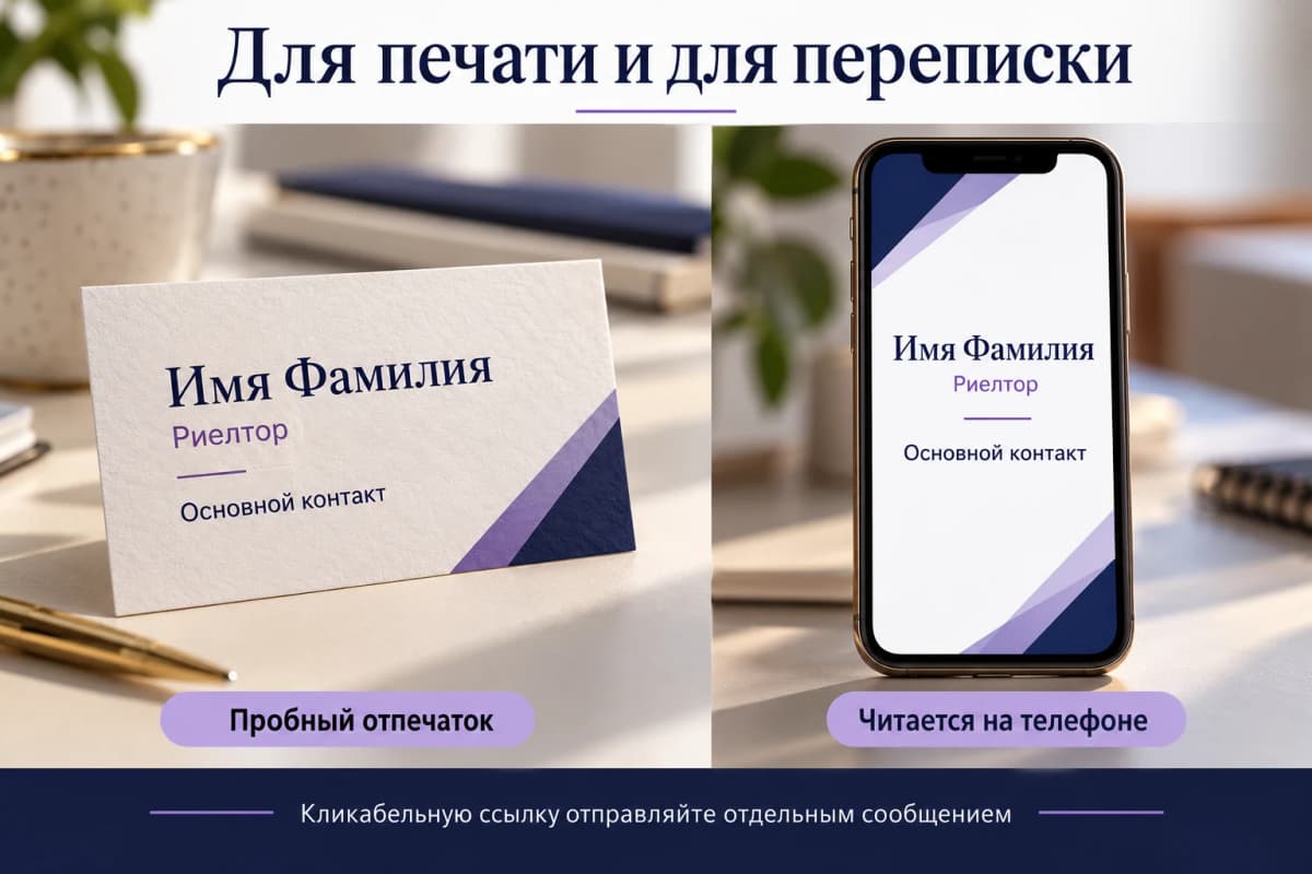Отдельные варианты визитки для печати и отправки в переписке
