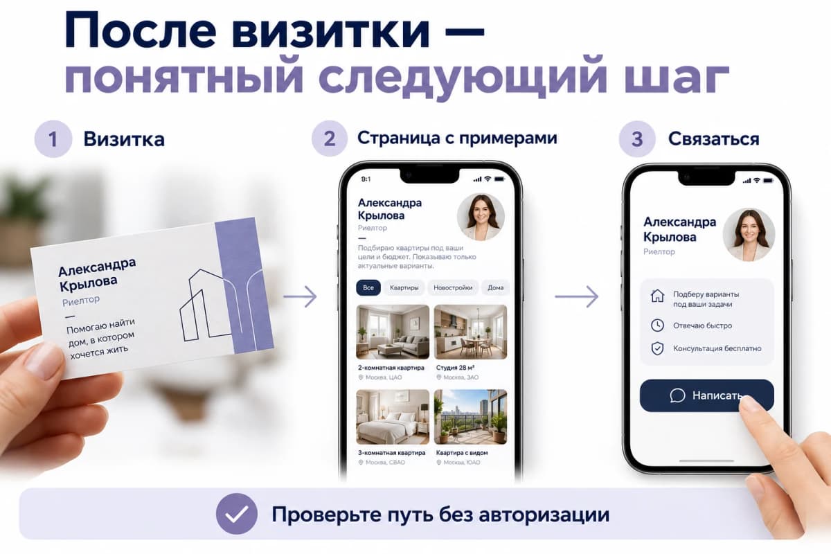 Путь от визитки к странице с примерами и кнопке связи