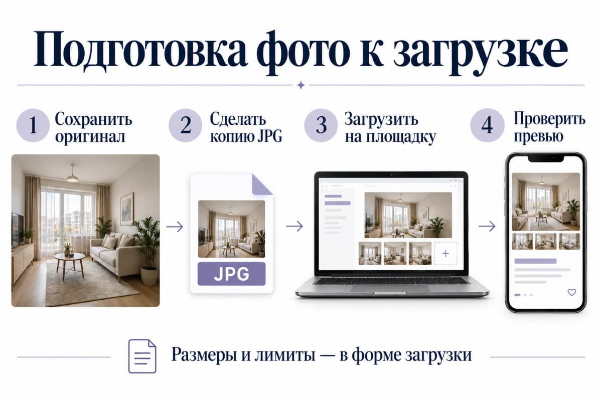 Порядок подготовки фото: оригинал, копия JPG, загрузка и проверка превью
