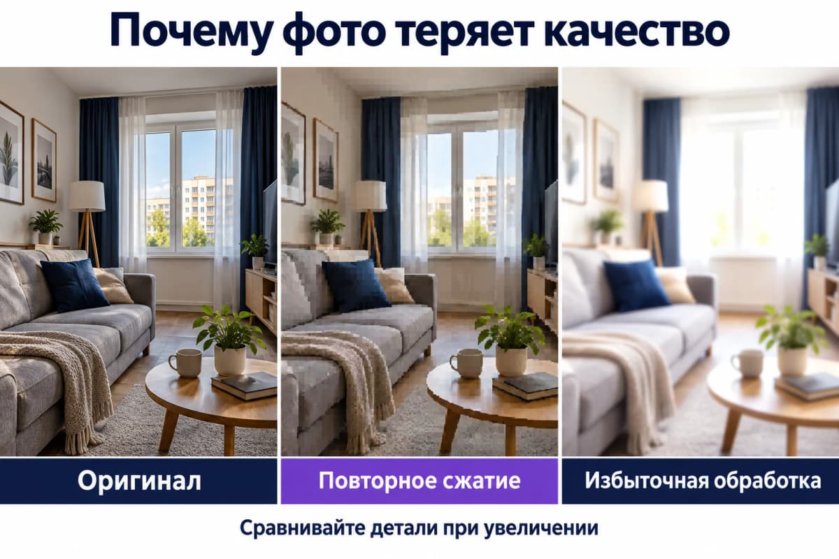 Разница между исходным кадром, повторным сжатием и чрезмерной обработкой