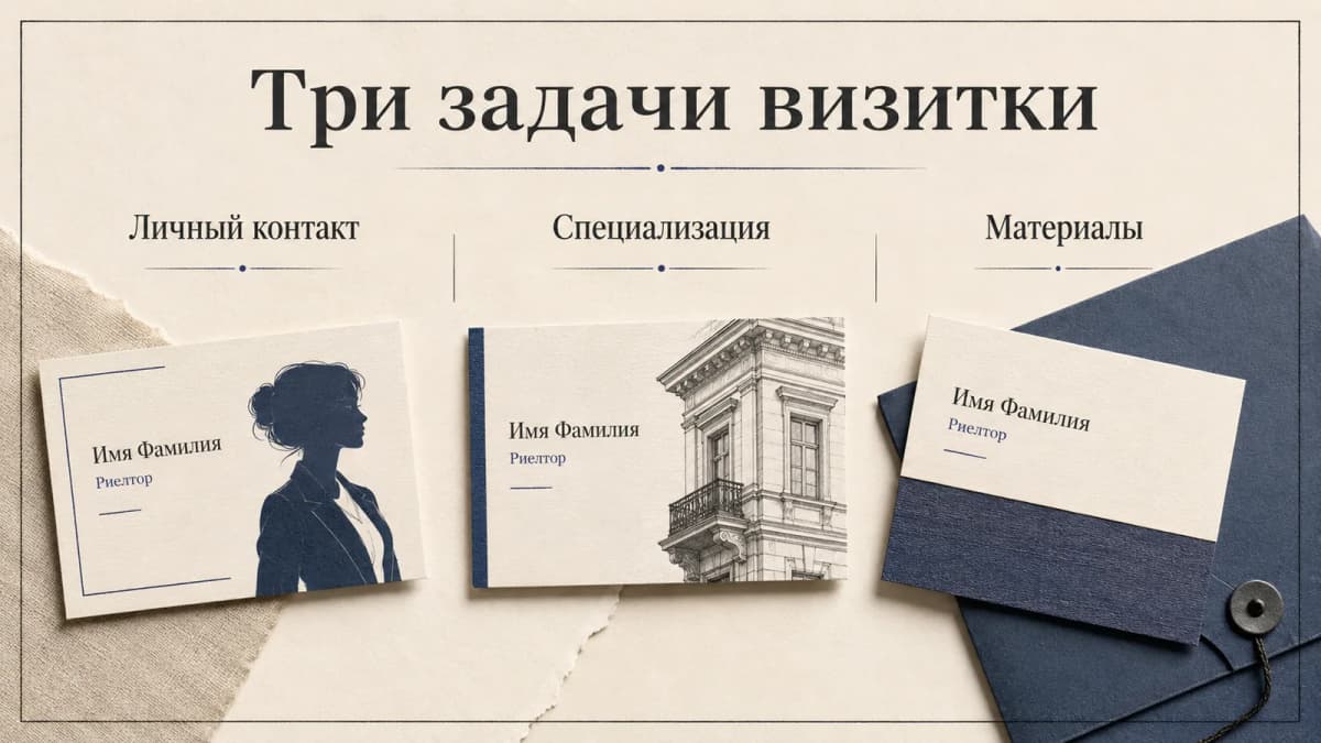 Три учебные концепции визитки: личный контакт, специализация и переход к материалам; поля не являются реальными данными