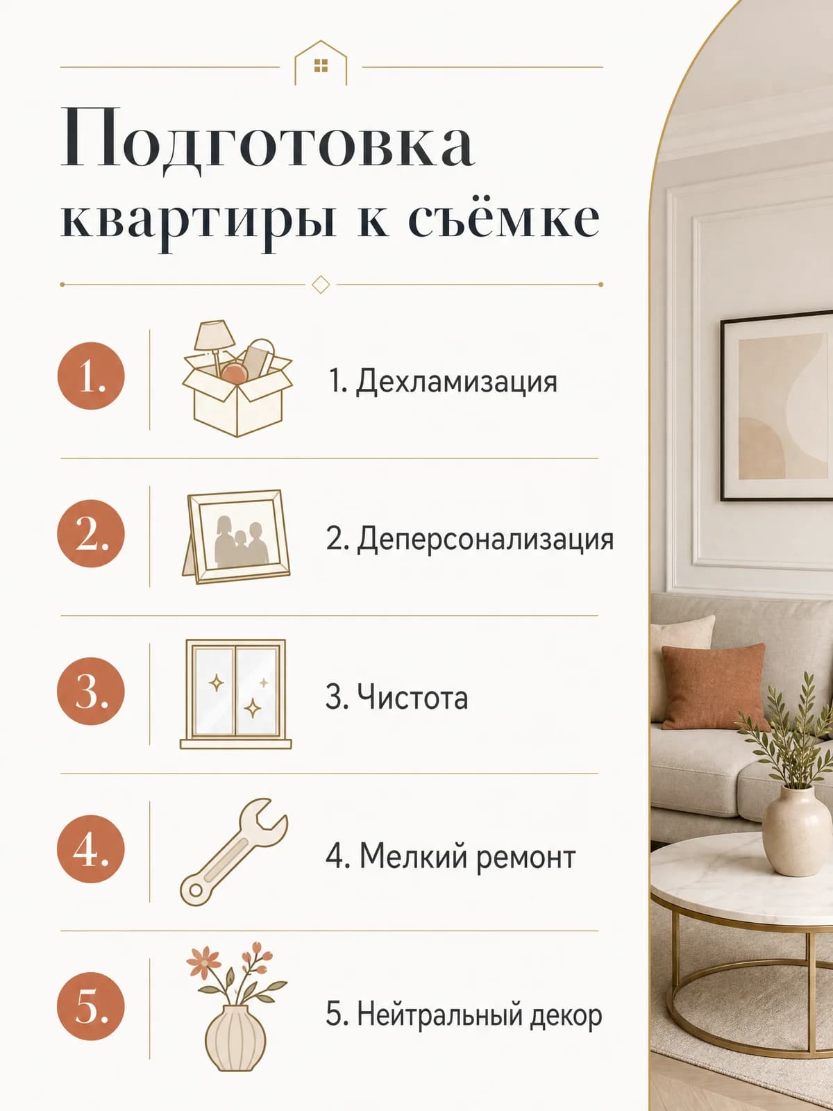 Инфографика: подготовка квартиры к съёмке за пять шагов, от уборки до нейтрального декора