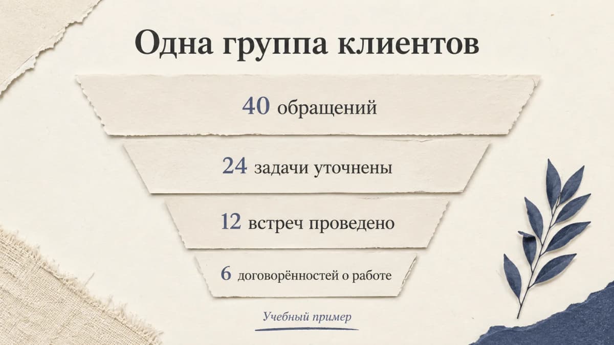 Учебный расчёт одной группы: 40 обращений, 24 уточнённые задачи, 12 встреч и 6 согласованных начал работы