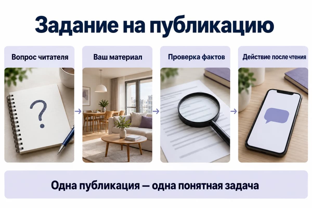 Четыре части задания публикации: вопрос, материал, проверка и действие Четыре части задания публикации: вопрос, материал, проверка и действие