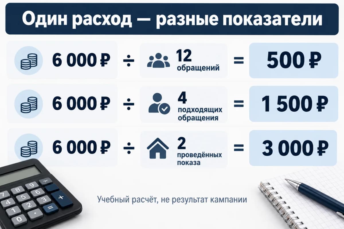 Учебный расчёт: расход 6 000 рублей делится на 12 обращений, 4 подходящих обращения и 2 проведённых показа Учебный расчёт: расход 6 000 рублей делится на 12 обращений, 4 подходящих обращения и 2 проведённых показа