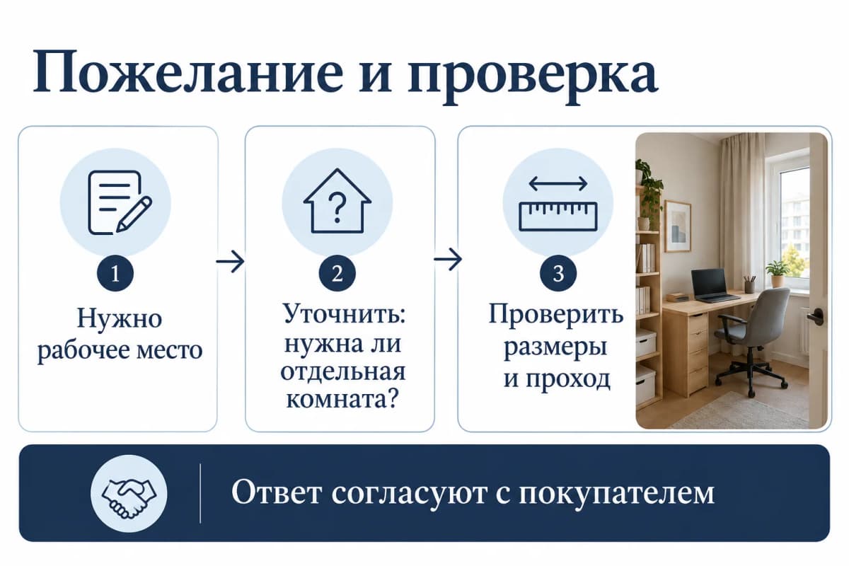Переход от желания рабочего места к вопросу и проверке размеров Переход от желания рабочего места к вопросу и проверке размеров