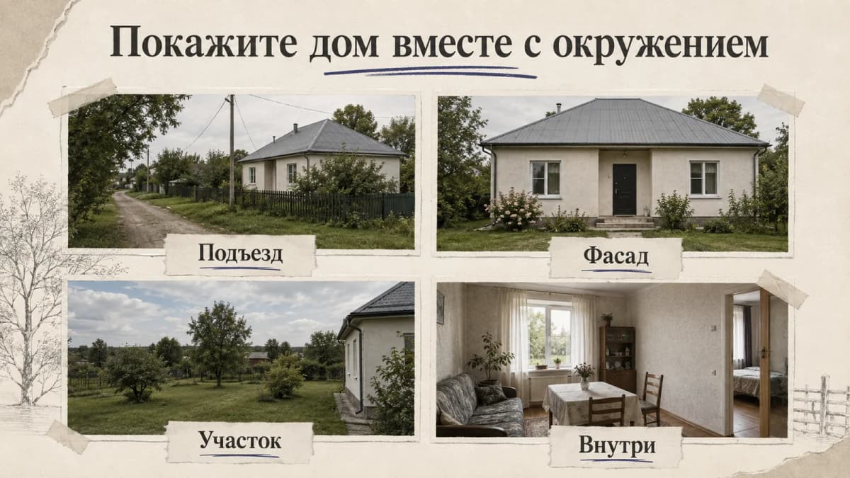 Четыре части фотосерии загородного объекта: подъезд, фасад, участок и помещения