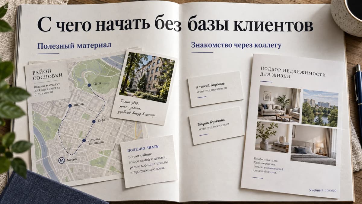 Учебная иллюстрация двух способов начать поиск клиентов: показать районный материал или согласованный пример работы коллеге