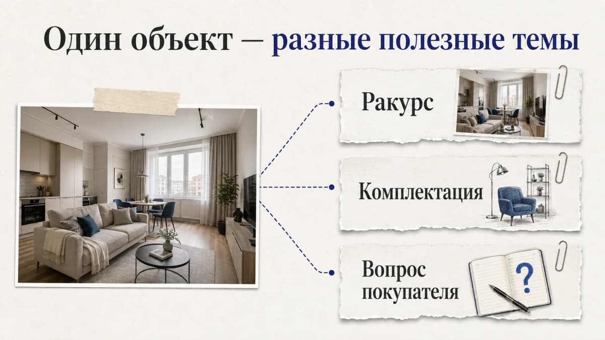 Один объект может дать три разные публикации: понятный ракурс, проверка комплектации и ответ на вопрос покупателя