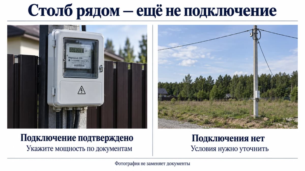 Учебное сравнение: подтверждённое подключение электричества и линия возле участка