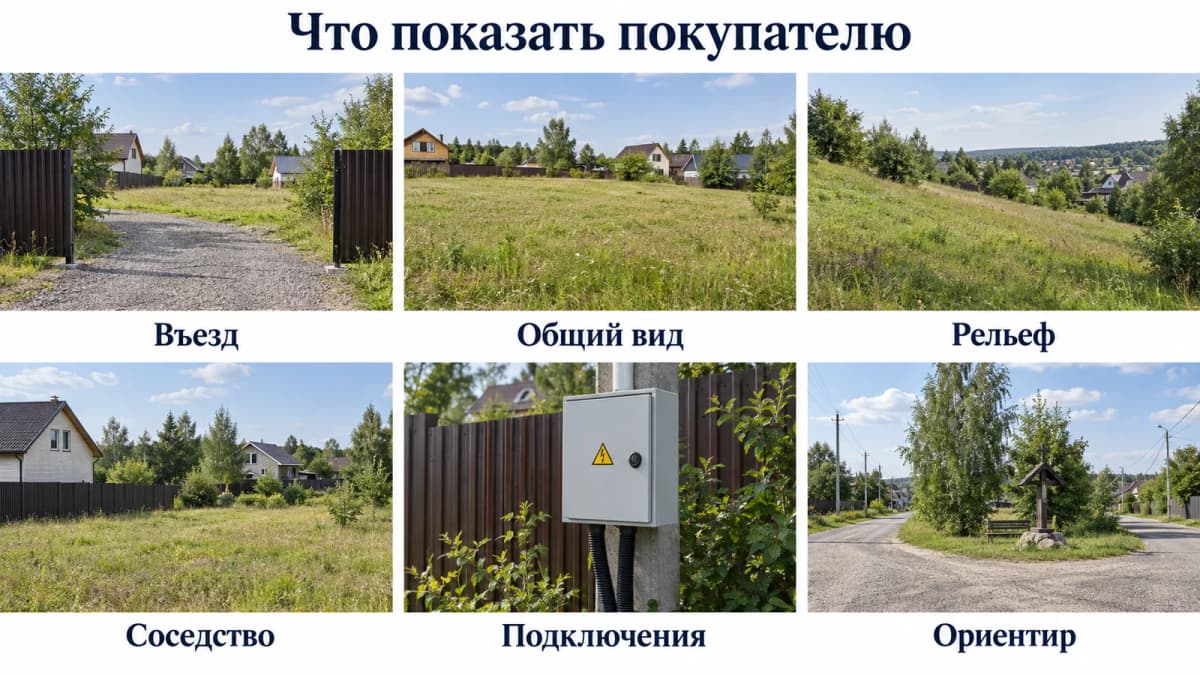 Шесть сюжетов для объявления об участке: въезд, общий вид, рельеф, соседство, подключения и ориентир
