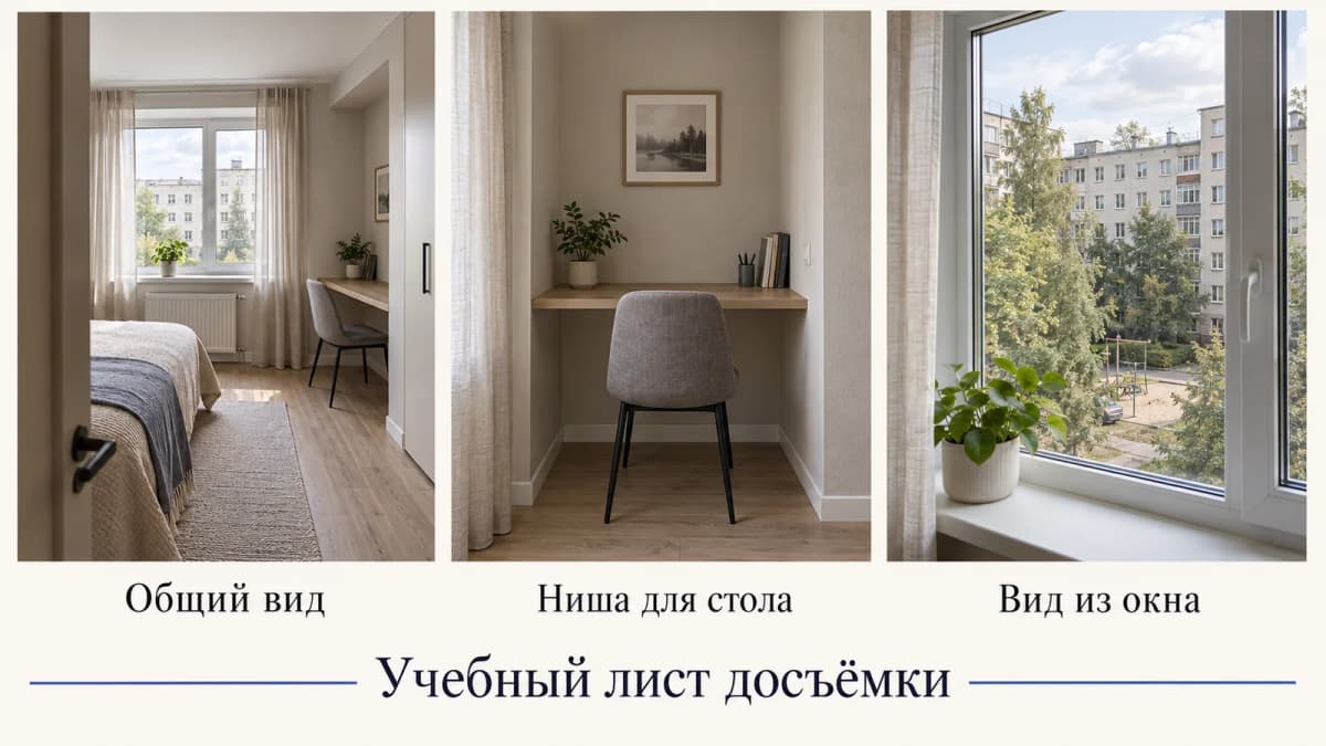 Учебный лист досъёмки после видеозвонка: общий вид комнаты, ниша для стола и вид из окна