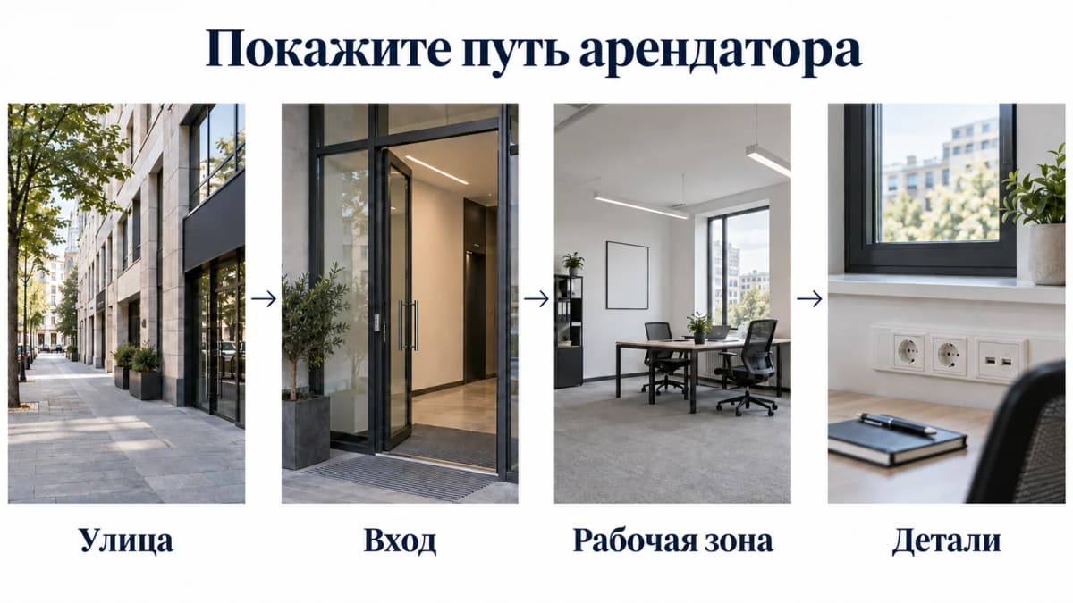 Маршрут фотографий помещения: улица, вход, рабочая зона и детали