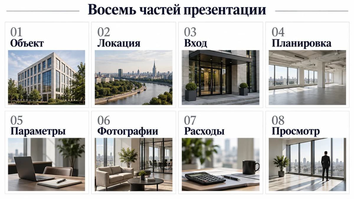 Восемь частей презентации помещения: объект, локация, вход, планировка, параметры, фотографии, расходы и просмотр