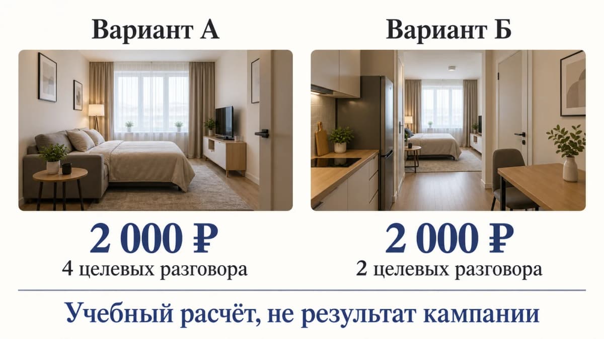 Учебное сравнение двух креативов при равных расходах: четыре и два целевых разговора, не доказательство постоянного преимущества