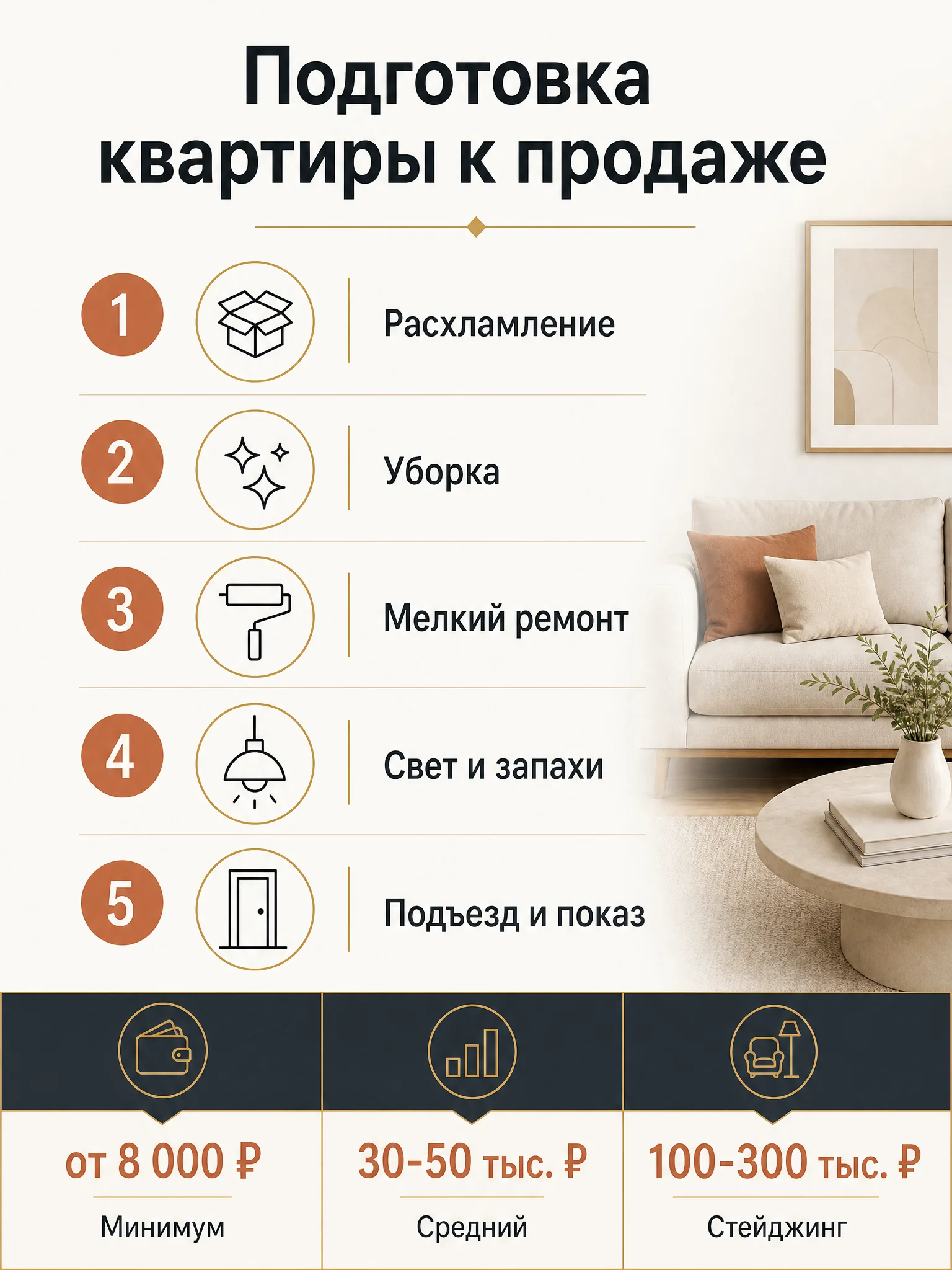 Инфографика: пять этапов и три бюджета подготовки квартиры к продаже