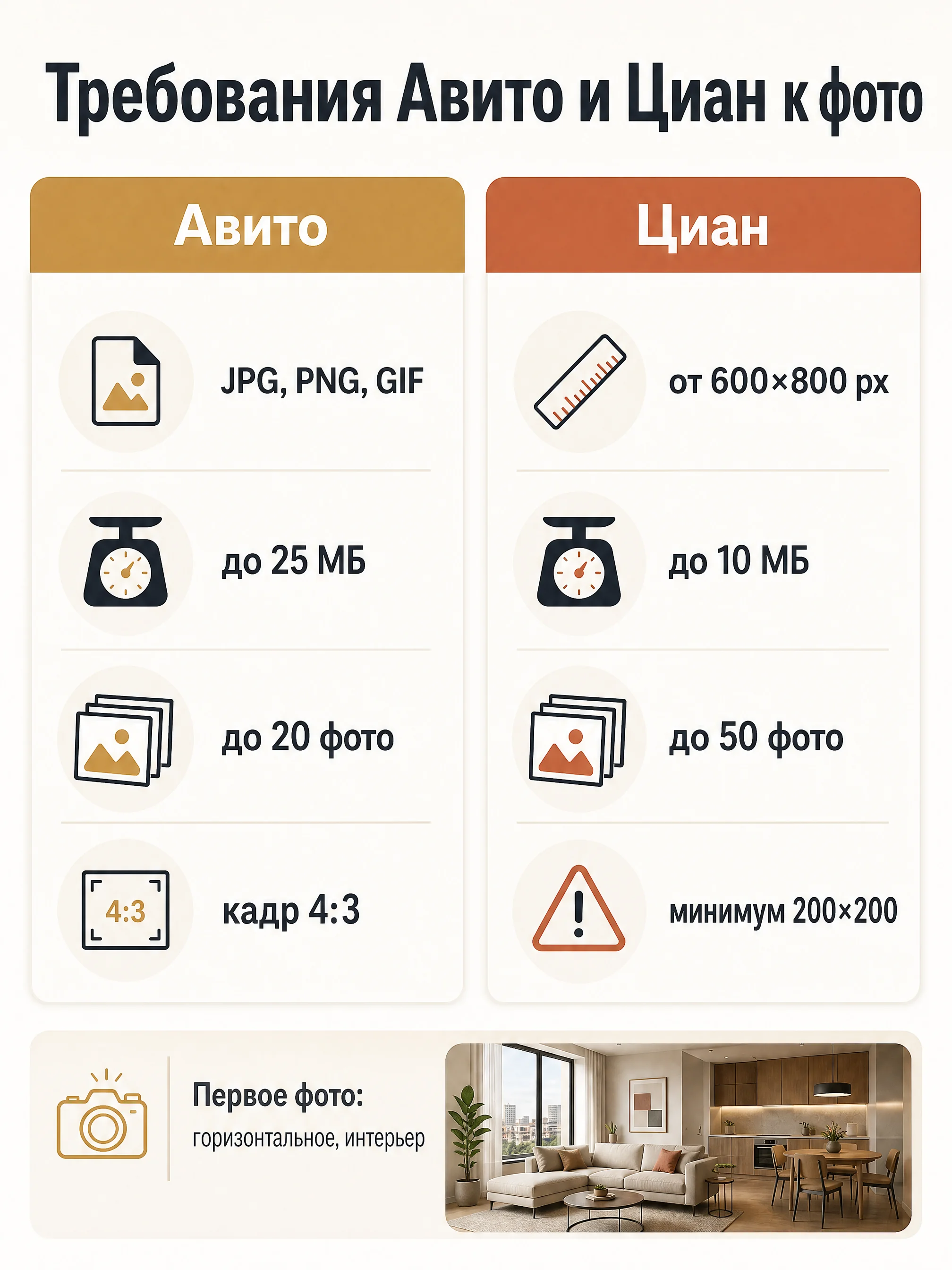 Инфографика: требования Авито и Циан к фото объявления, размеры, форматы и лимиты