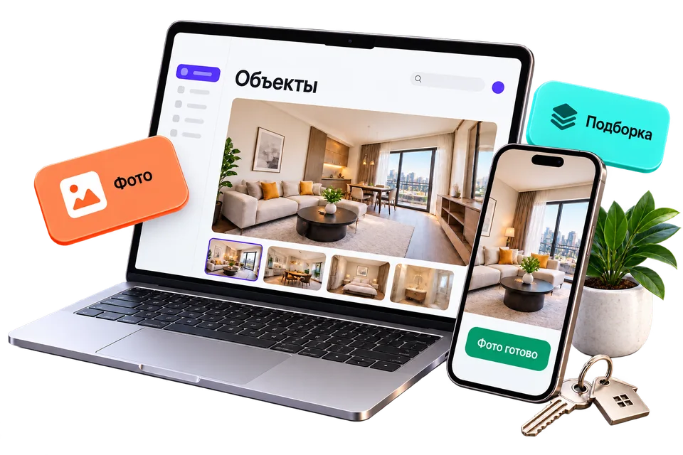 AIStaging: фотографии объекта на ноутбуке и телефоне, карточки фото и подборки
